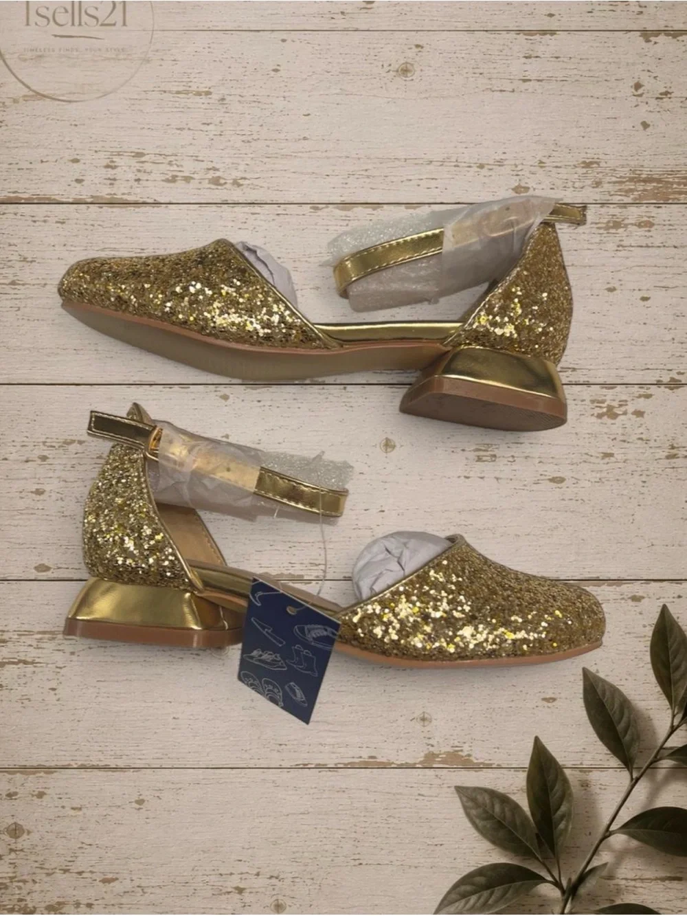 Girls' Glitter Gold Dress Flats with Ankle Strap